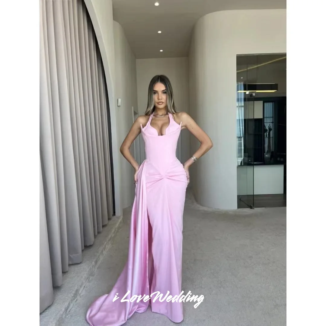 Pink Halter Evening Dresses Sleeveless Mermaid Modern Backless Trailing Floor-Length Pleated Wedding Party Dresses Customized