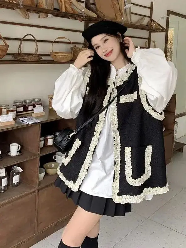 

plus Size Women's Loose Blouse Sle Patchwork Lace Trim Vest Autumn Faion Comfortable Fit Color round Ne Single Bu...