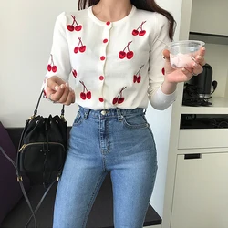 Korean Fashion Knitted Sweater Cardigan Feminino Sweet Cherry Embroidery Cardigans Tops Short Casaco Feminino Long Sleeve Jacket