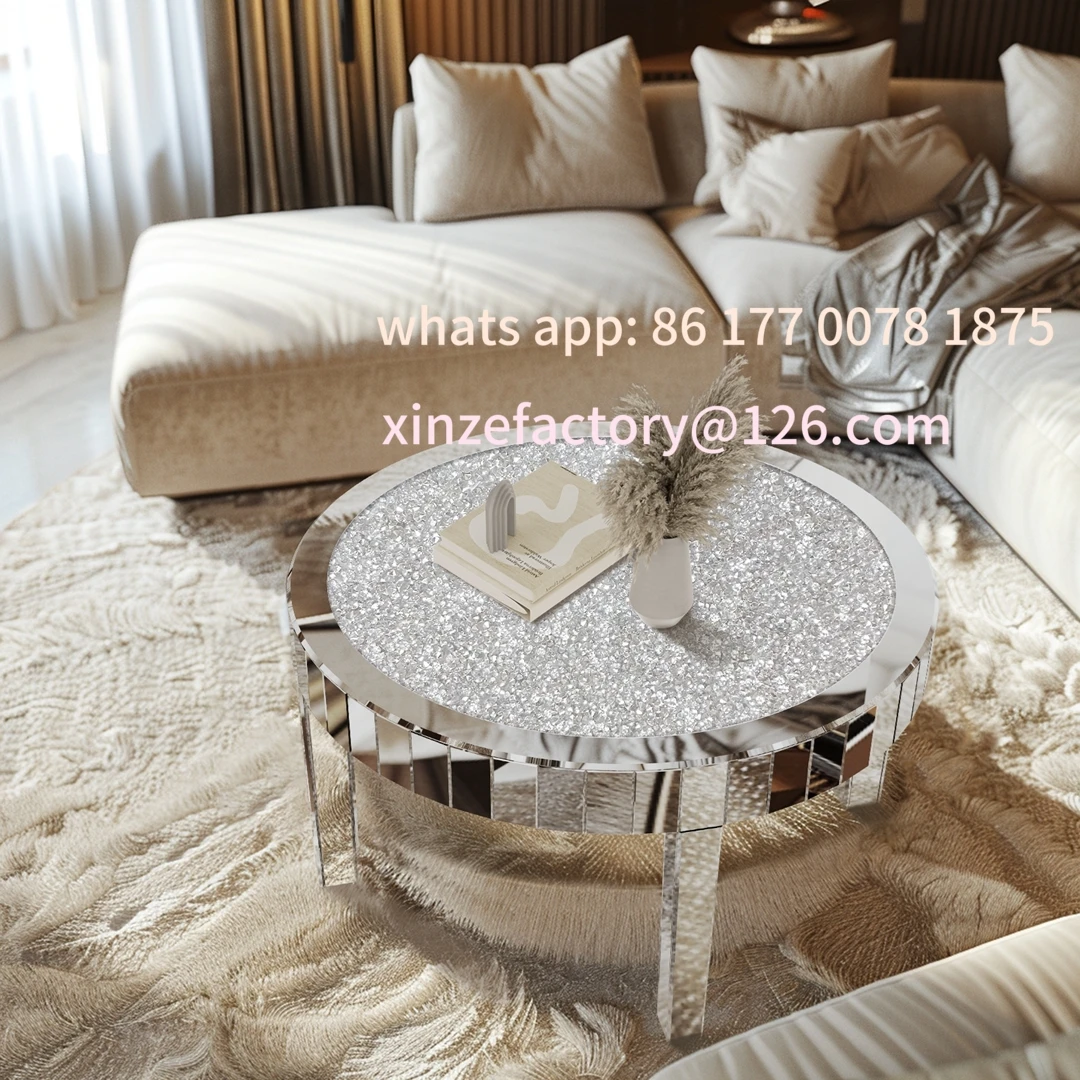 Customizable Luxury Round Silver Mirror Coffee Table Crystal Diamonds Inlay Accent Table Living Room Bedroom Modern Home