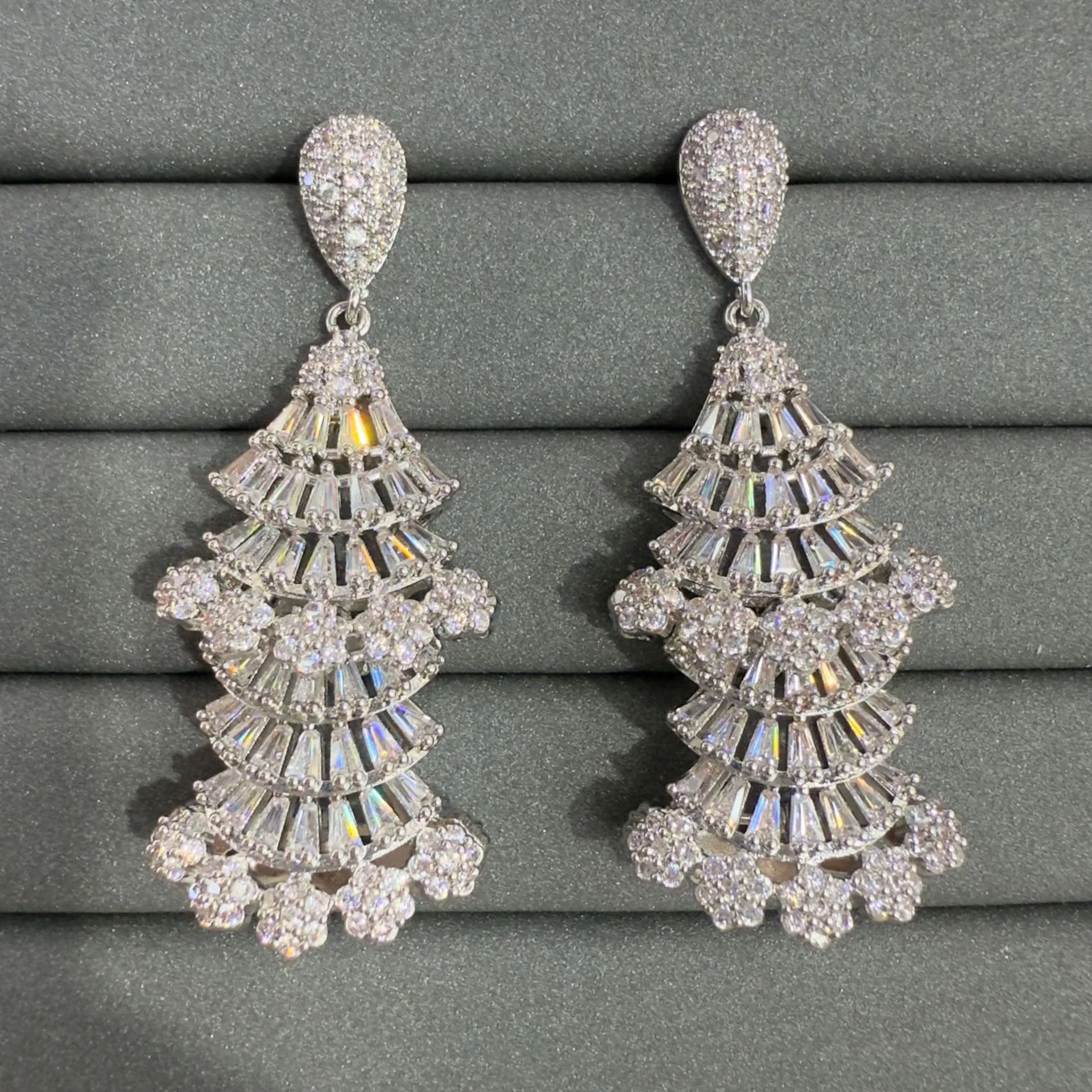 

unique earrings for women luxury jewelry silver gold color white orange zirconia fan shaped dangling earrings party gift female