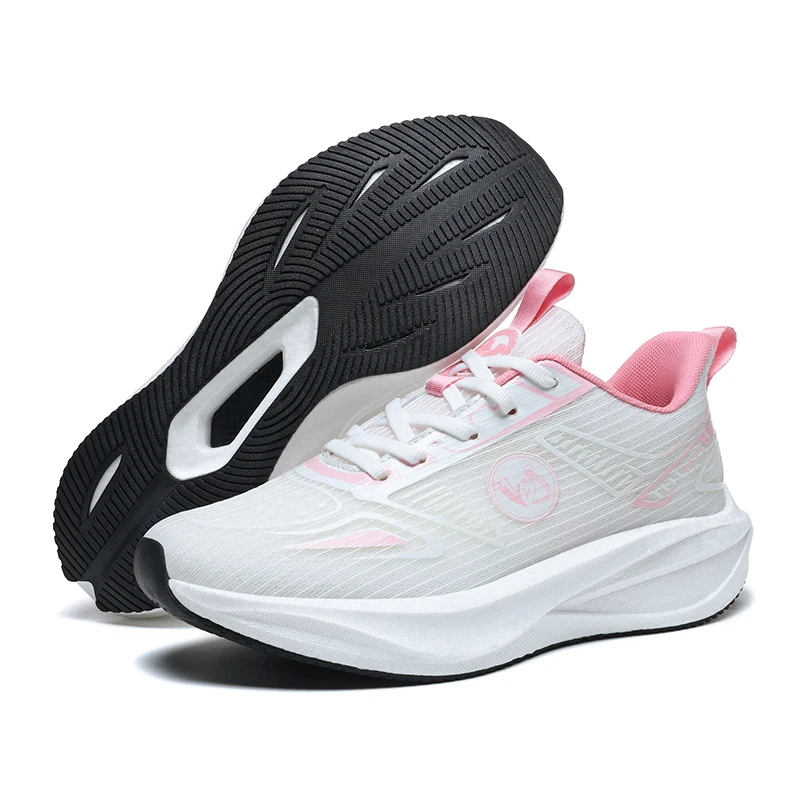 Men Women Breathable Mesh Running Shoes, Summer Casual Sports Sneakers, Fashion Trainers Double Layer EVA Sole, Black White Pink