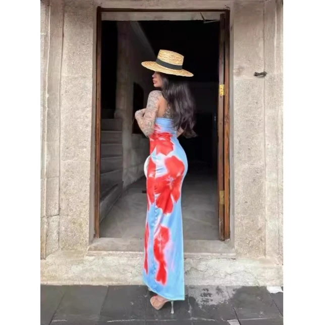 Sexy Long Printed Tube Dress with Slit for Women Casual Wear  Linen Fabric mid Waist Design One Step Skirt Fit Type