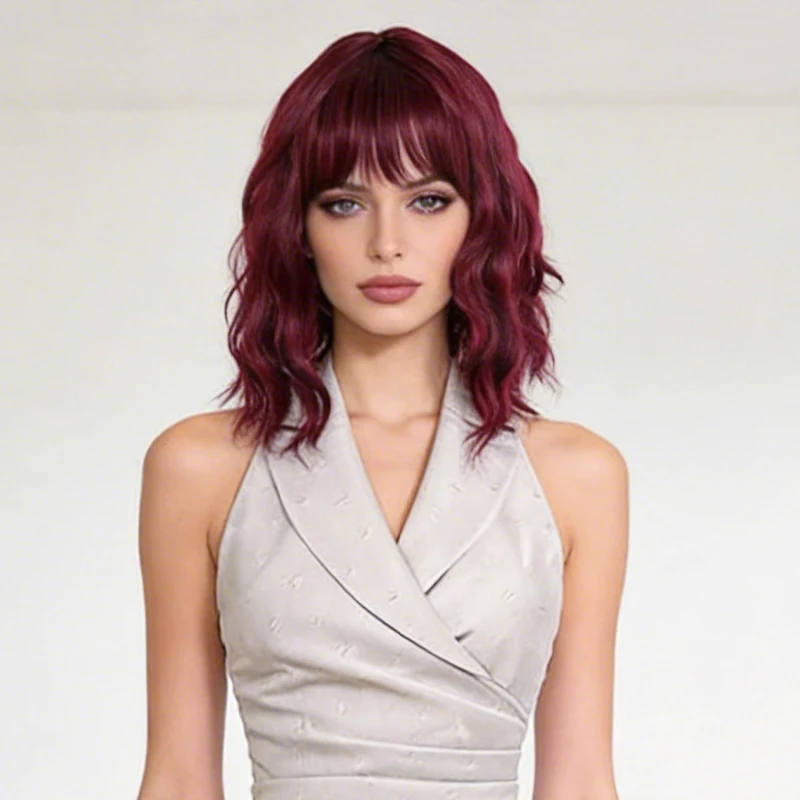 Peruca Sintética Curta Ondulada Borgonha, Peruca Bob Cacheada Volumosa com Franja para Mulheres, Extensão de Cabelo de Fibra Resistente ao Calor
