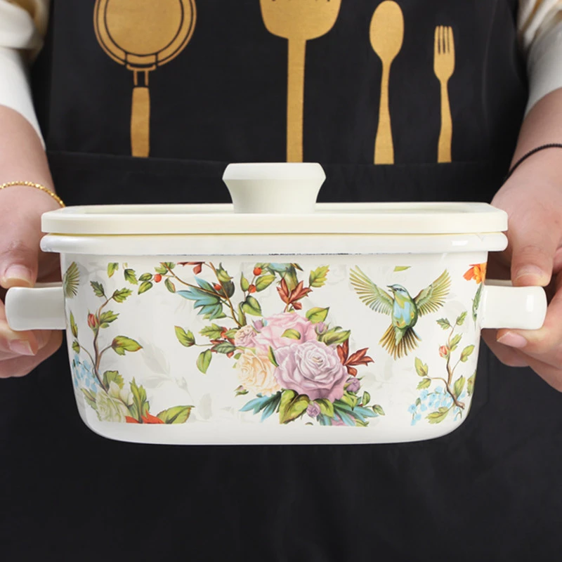 Large Square Stew Pot Enamel Vintage Flower Bird Soup Pot Double Handle Cheese Baked Rice Special Pan Home Kitchen Cookware