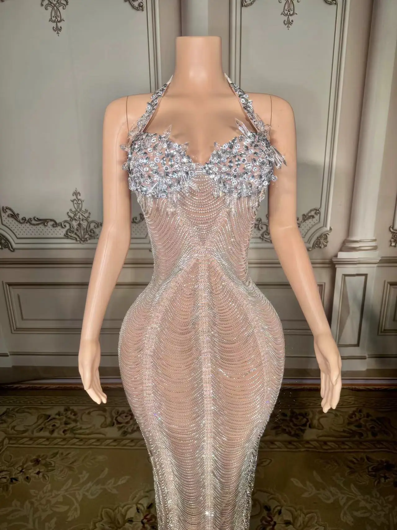 Silver Rhinestone Crystals Chains Transparent Long Dress Evening Birthday Celebrate Dress Sexy Performance plus size - Image 3