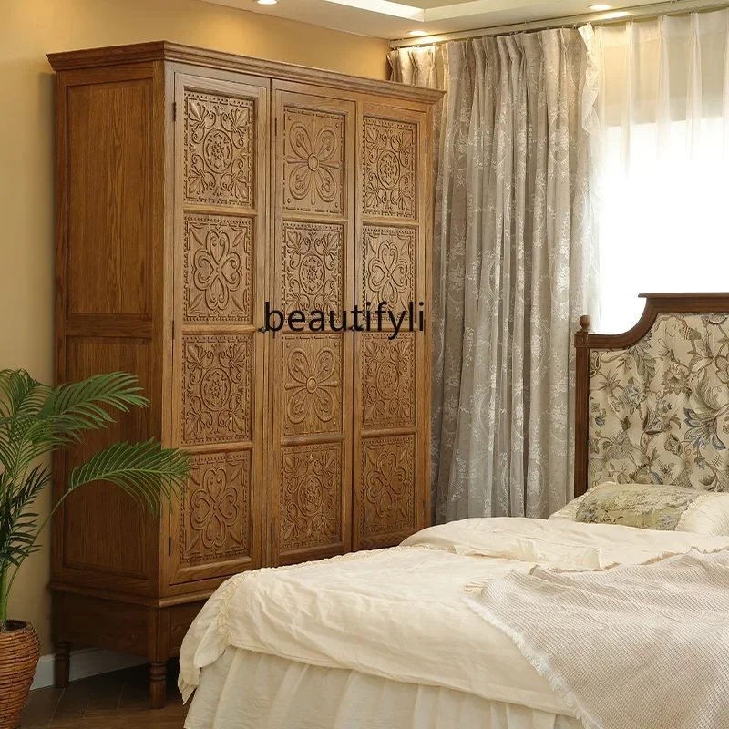 American rural solid wood carving flower three doors four doors wardrobe retro pastoral multi-functional storage storage cabinet