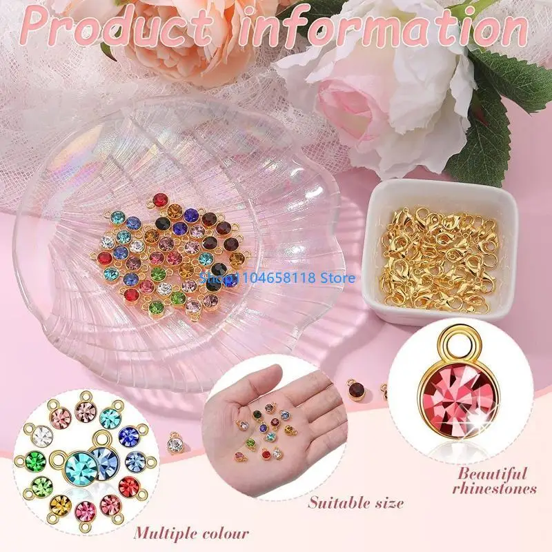 180Pcs Crystal Birthstone Charms DIY Beads Pendant with Jump Rings Lobster Clips