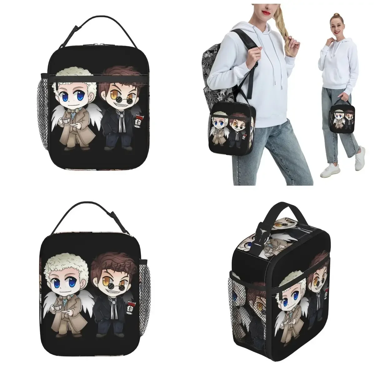 Anjo e Demônio-Isolado Lunch Bag de Alta Capacidade, Good Omens Container, saco térmico, lancheira Tote, sacos de armazenamento de alimentos escolares