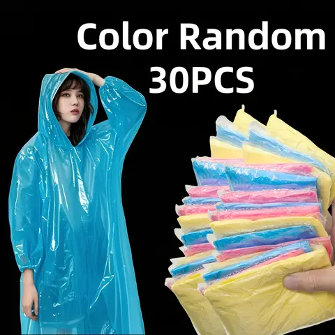 15/30pcs Adult Disposable Transparent Raincoats Lightweight Foldable Emergency Rain Red/Blue/Yellow Breathable Plastic Material