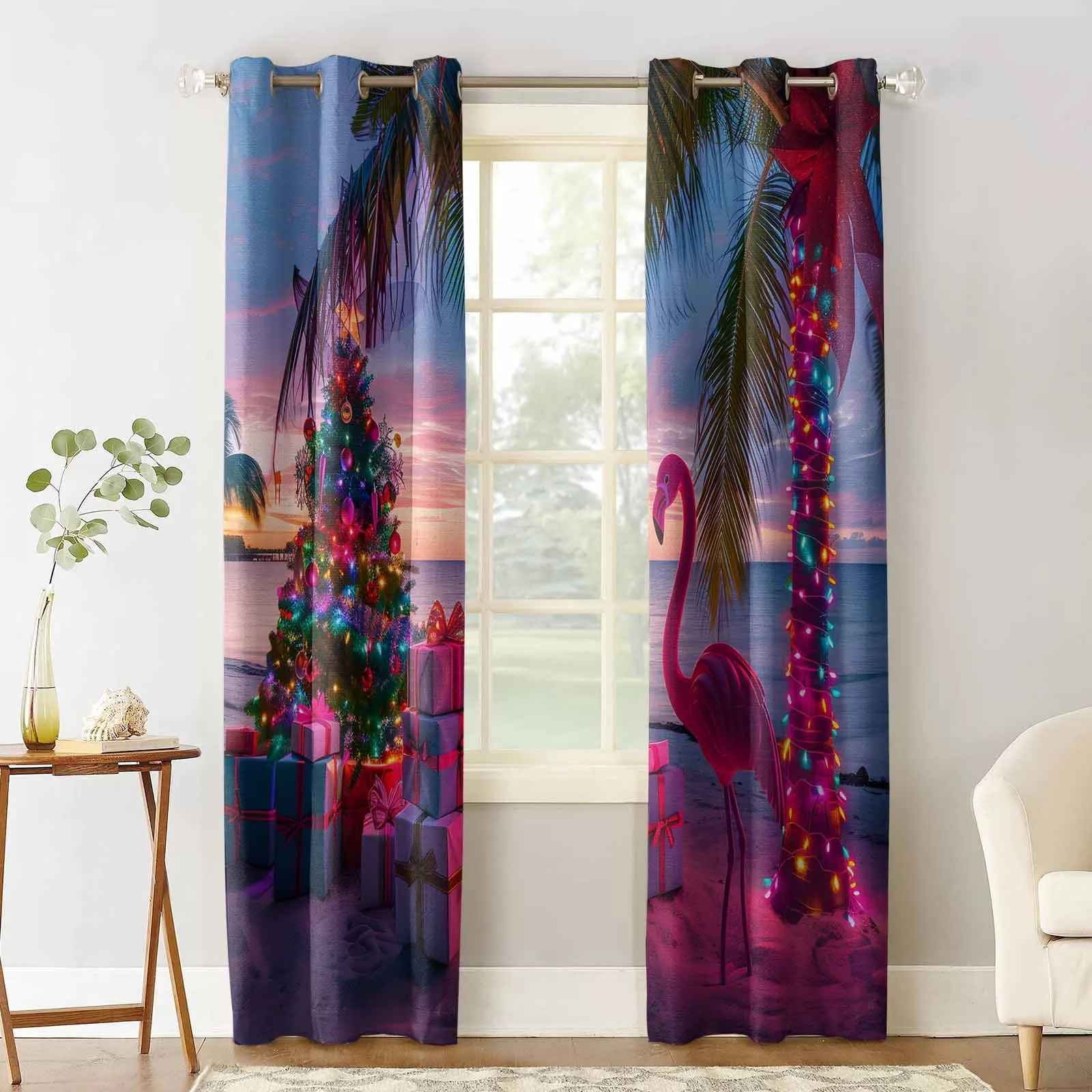 Beach Christmas Tree Colorful Flamingo Palm Tree Curtains For Living Room Kids Bedroom Window Curtain Hall Drape Long Cortinas