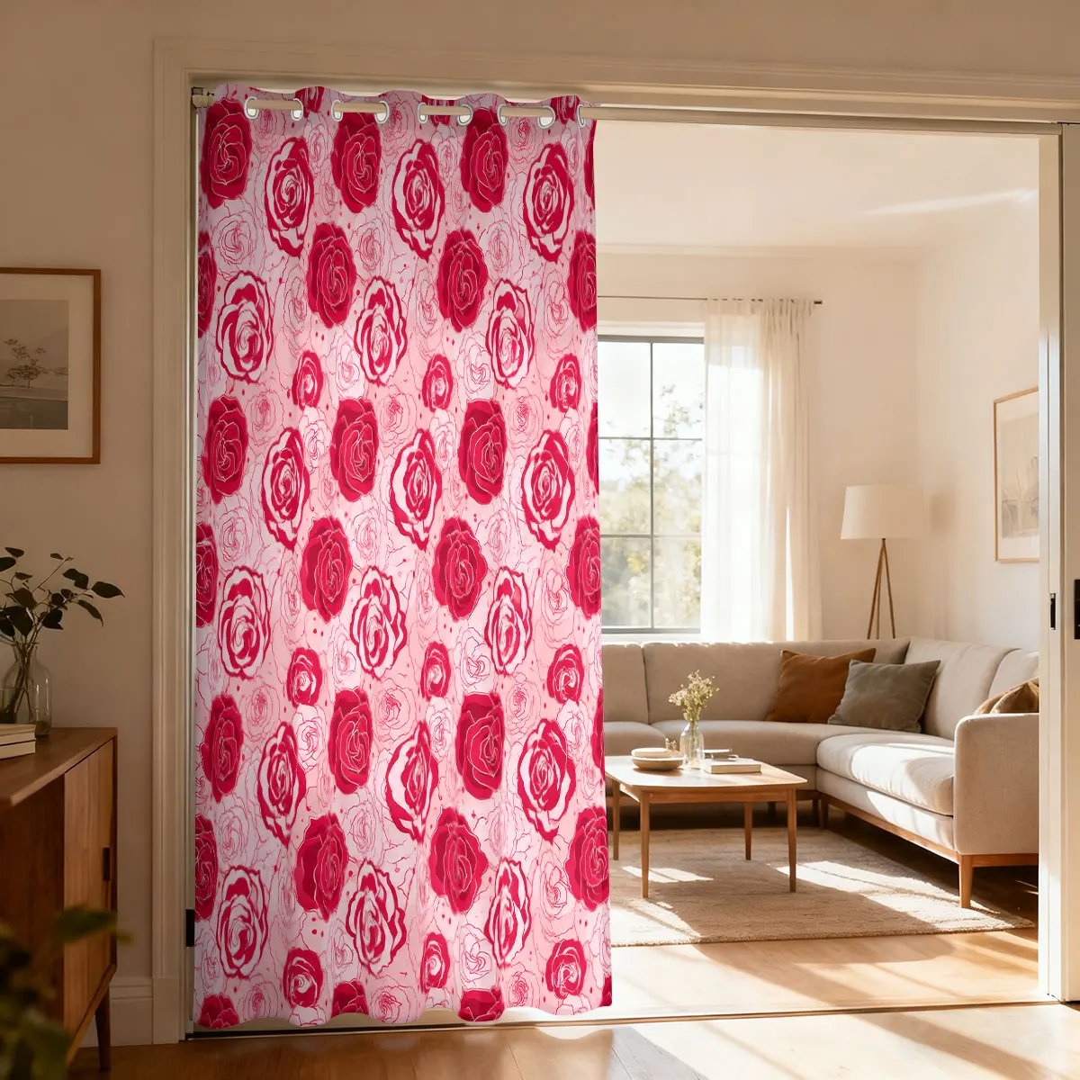 1pc Light Green Base Pink Rose Floral Single Loop Curtain, Decorative Door Curtain For Living Room Bedroom, Fashion Home Hang