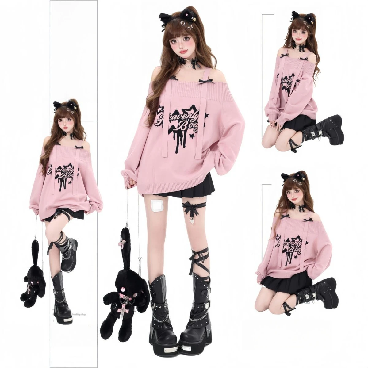 Y2k Sexy Sweet Bow Subculture One Shoulder Loose Sweater Autumn Winter New Style Strap Women's Bubble Sleeves Knitted Pullover
