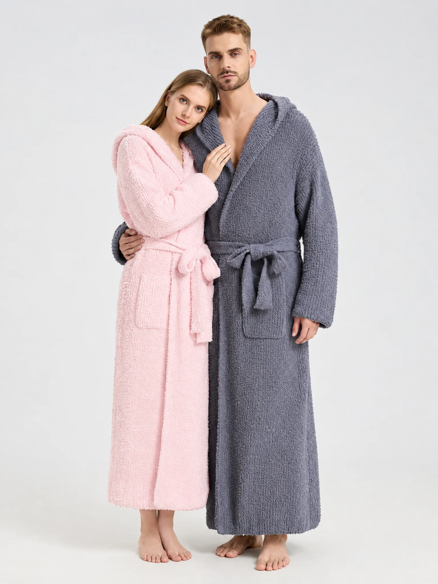 Women Cloud Like Ultra Soft Knit Robe, Fuzzy Cozy Warm Long Bathrobe, V Neck Tie Waist Loungewear, Fall Winter Home Wear