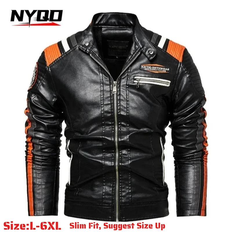 Men Vintage Pilot PU Leather Motorcycle Jacket Fleece Lined Faux Fur Collar Autumn Biker Coat Black Moto Rider Outerwear