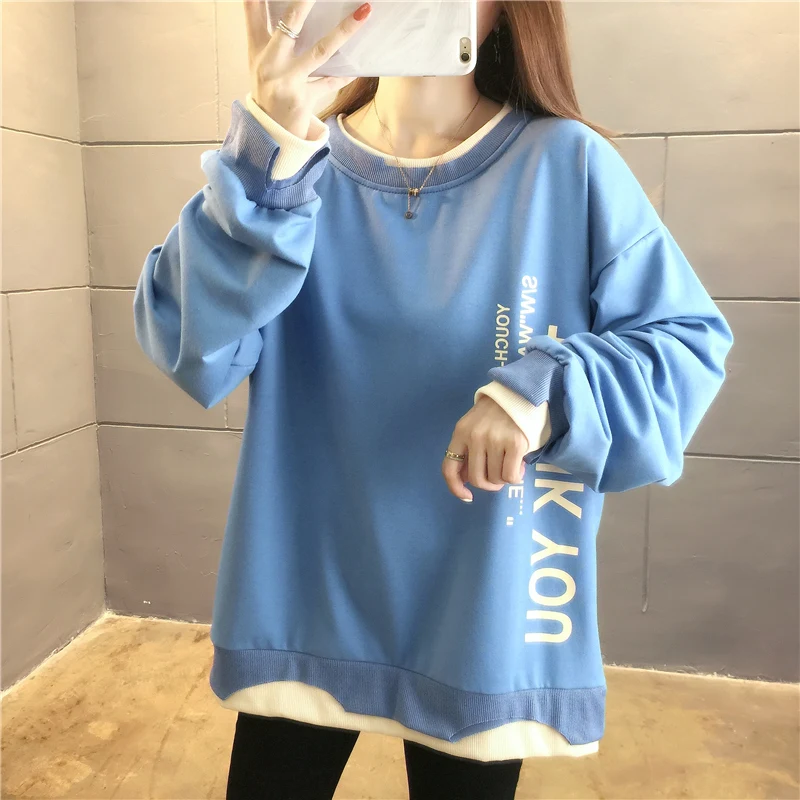 Spring and Autumn Women's Style Crew Neck Long Sleeve Fake Two Pieces Pullovers Loose Printed Fashion Casual Commute Tops