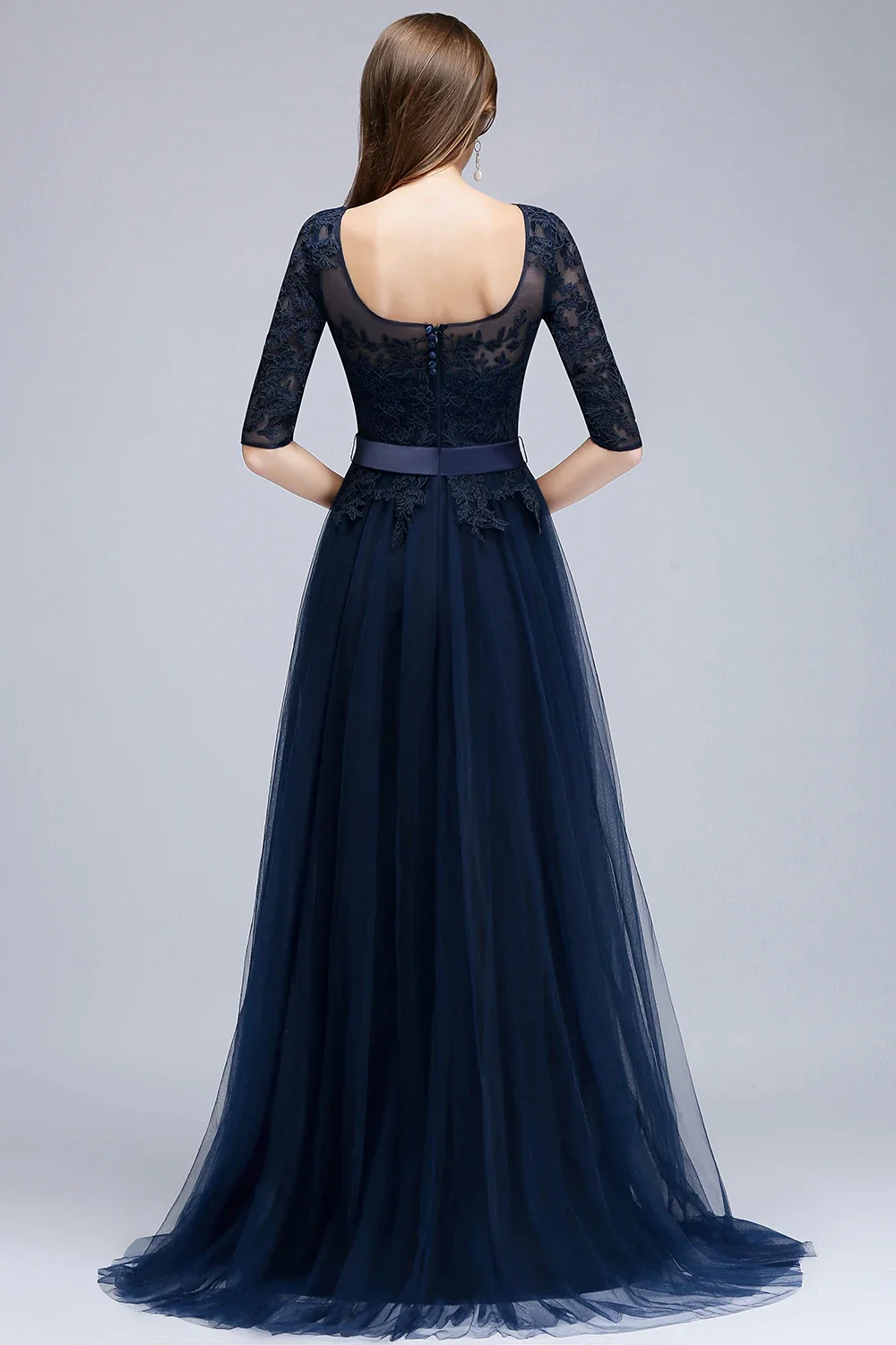 Navy Blue Lace Long Evening Dresses Elegant Half Sleeve Appliques Tulle Formal Party Prom Gown Backless With Belt Robe Soiree