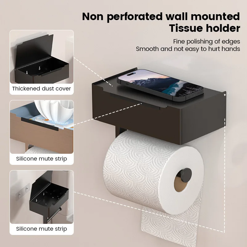 Toilet Roll Rack Stainless Steel Wipes Box Paper Tissue Box Black Shelf No Punching Toilet Tissue Rack
