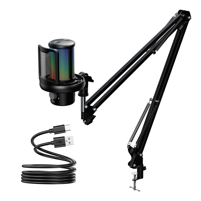 RGB Recording Microphone With Articulated Arm/USB Condenser Mic For Gaming Podcasting Streaming Youtube