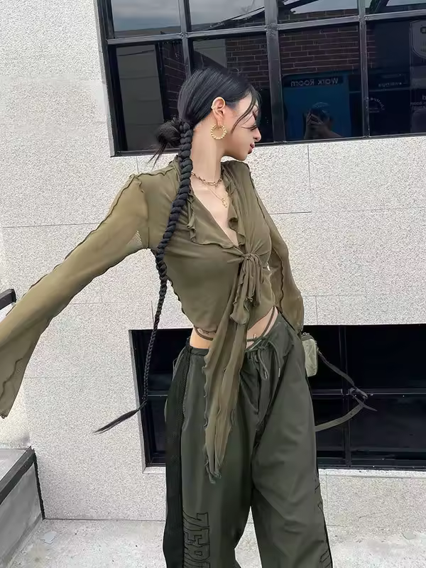 Long Flare Sleeve Blouses for Women Lace-up Mesh Sexy Sweet Hot Girls Korean Fashion Style All-match Solid Design Elegant Casual - Image 3