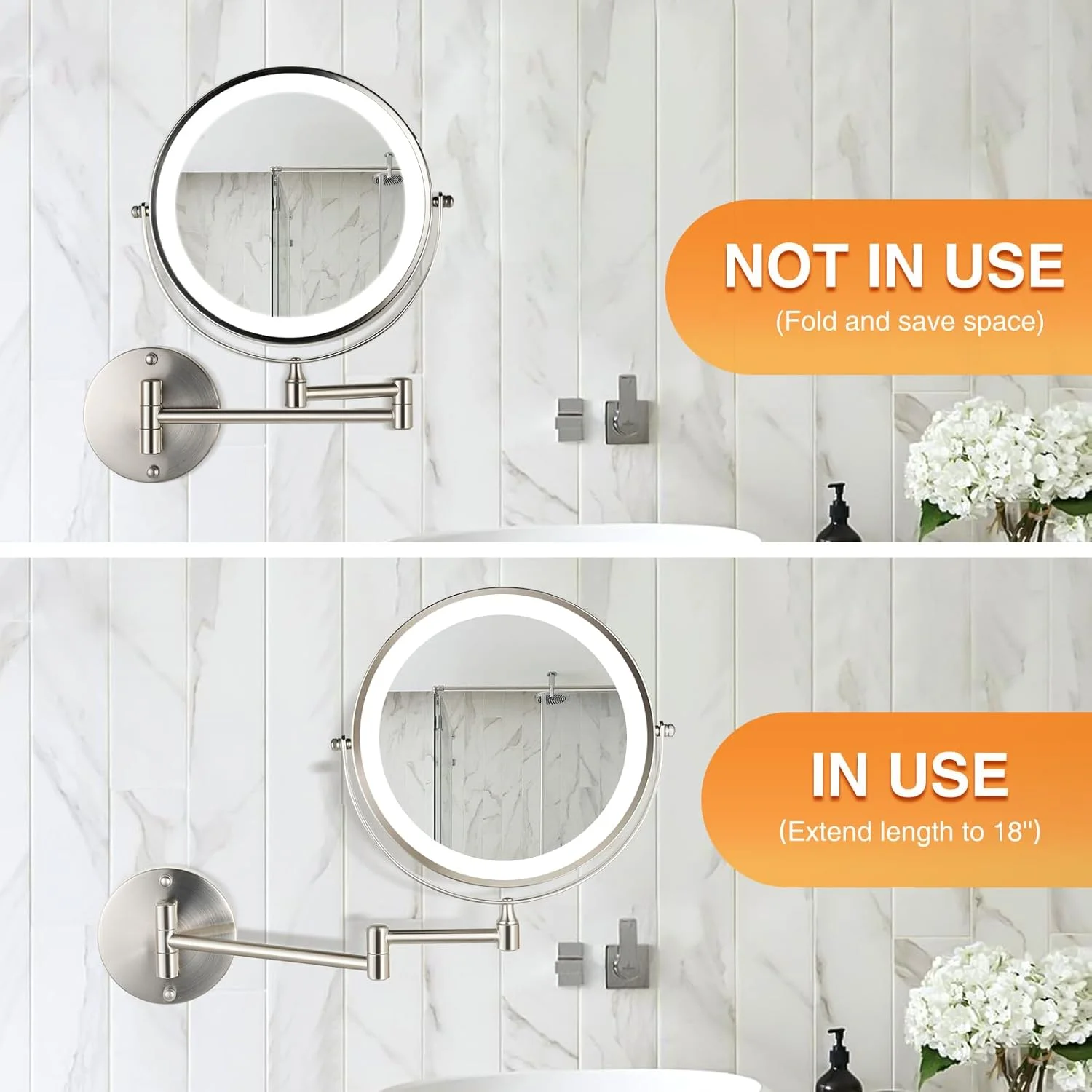 Miroir de maquillage monté avec lumières et grossissement, miroir de salle de bain double touche 8,5 pouces 2 faces 1X/10X, écran tactile 3 mod d'éclairage