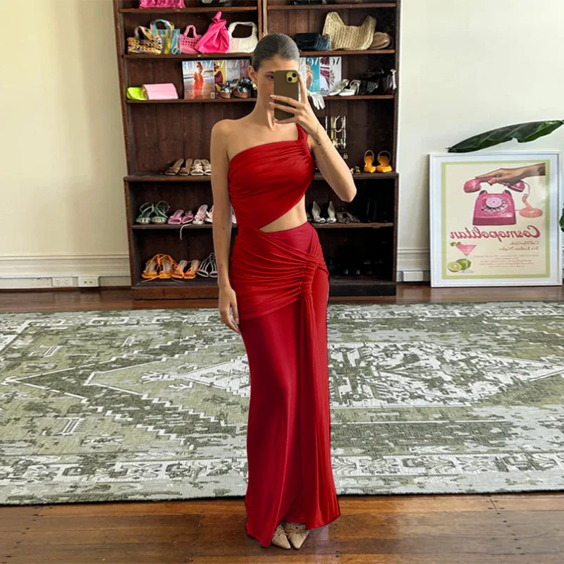 อารมณ์เซ็กซี่ SLIM FIT สัมผัสสะดือสายคล้องไหล่เดี่ยวปิดไหล่ตาข่ายดูผ่าน Twisted Pleat ริบบิ้นผู้หญิงชุด