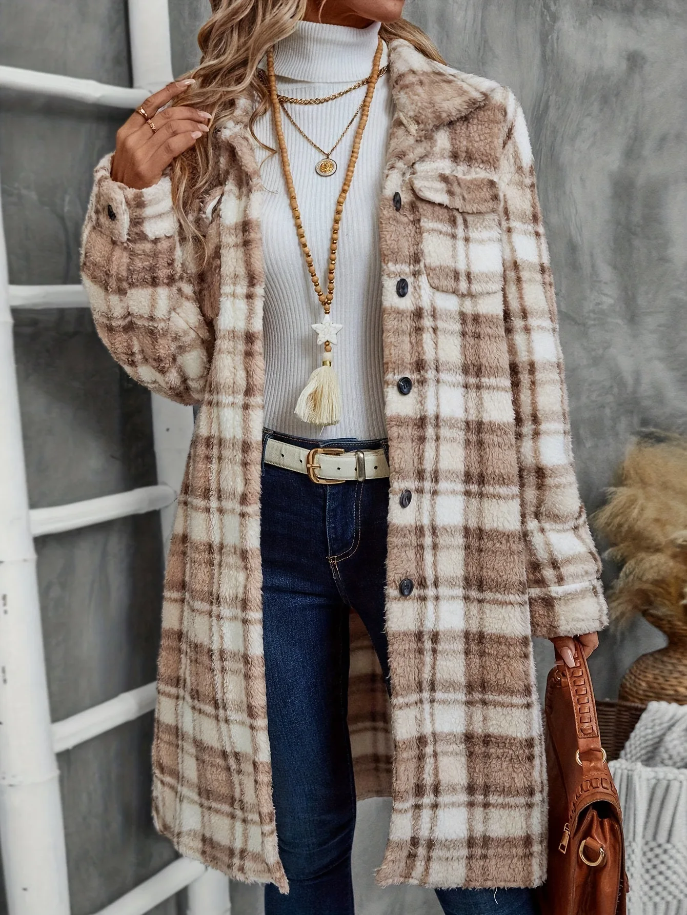 Women Plaid Fuzzy Long Shacket Lapel Long Sleeve Button Down Flannel Tartan Warm Long Coat With Pockets
