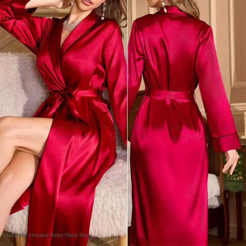 

Elegant French Style Long Robe Female Loungewear Spring Summer New Ice Silk Sleepwear Kimono Gown Loose Home Dress Lingerie