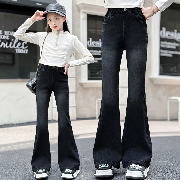 2024 New Loose Flared Jeans 4-14-Y Big Children, Girls Spring Stars Collection Children Jeans Girls Pants Spring and Autumn Wear