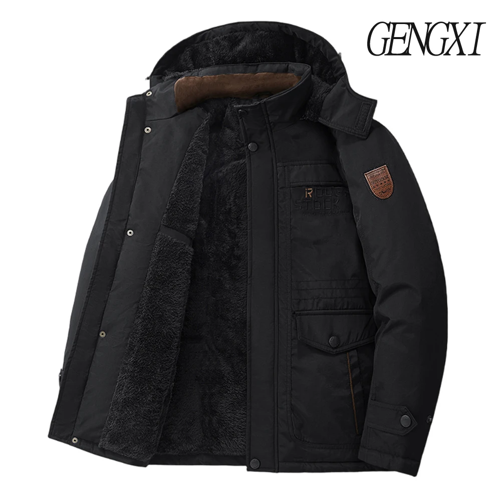 New Autumn/Winter Men's Fleece-Lined Thickened Cotton Coat Casual Vintage Workwear Jacket with Detachable Hood Multiple Pockets