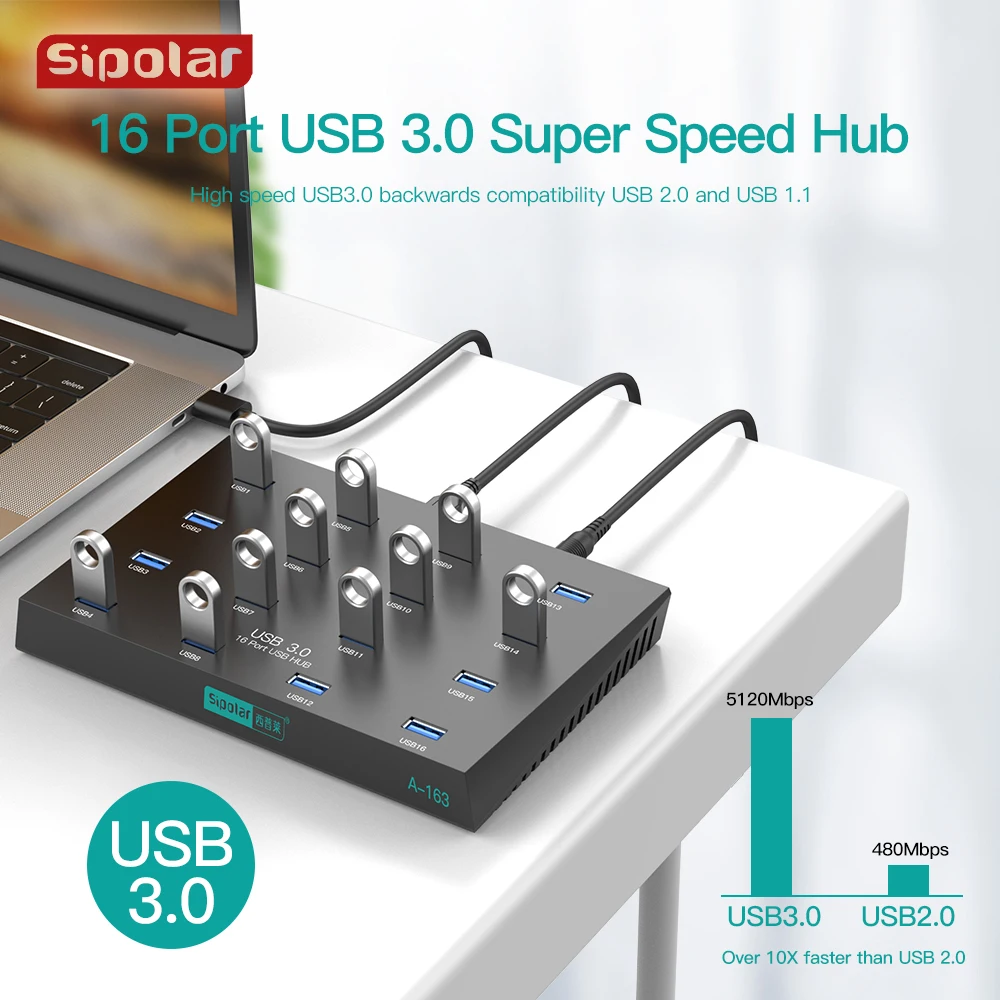 Sipolar A-163 USB3.0 HUB 16-port docking station U Disk Batch Copy Power Adapter 5V5A for computer notebook