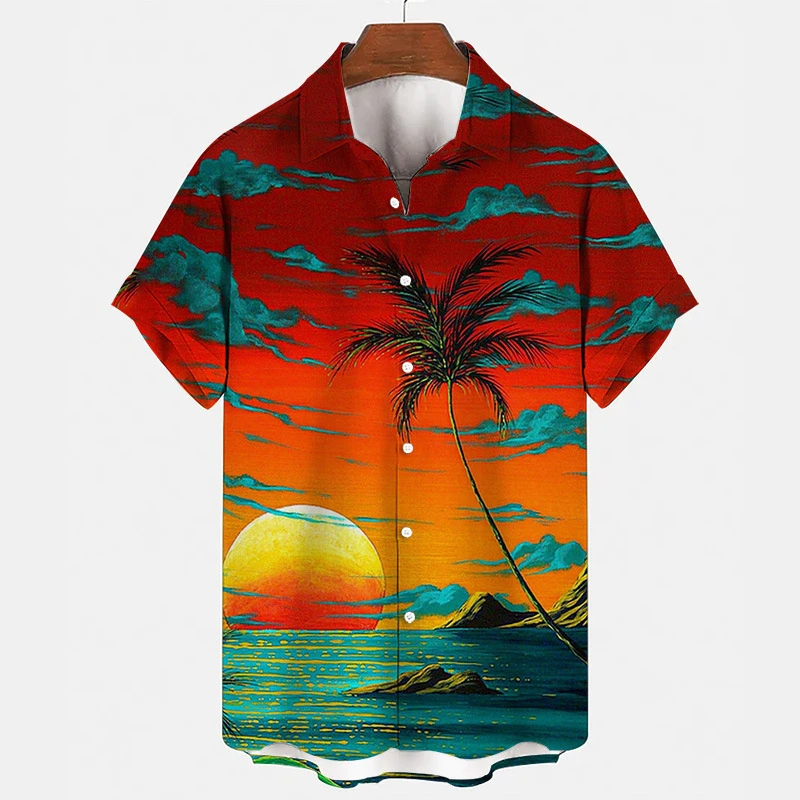 Men\'s Hawaiian Shirts 3D Print Coconut Palm Graphics T Shirts Fashion Button Short Sleeve Lapel Streetwear Hawaiian Shirts Tops