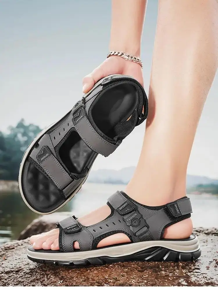 

2024 New Summer Man's Leather One Word Hollow Casual Sport Sandal Free Shipping Soft Sole Non Slip Hook Outdoor Beach Sandal
