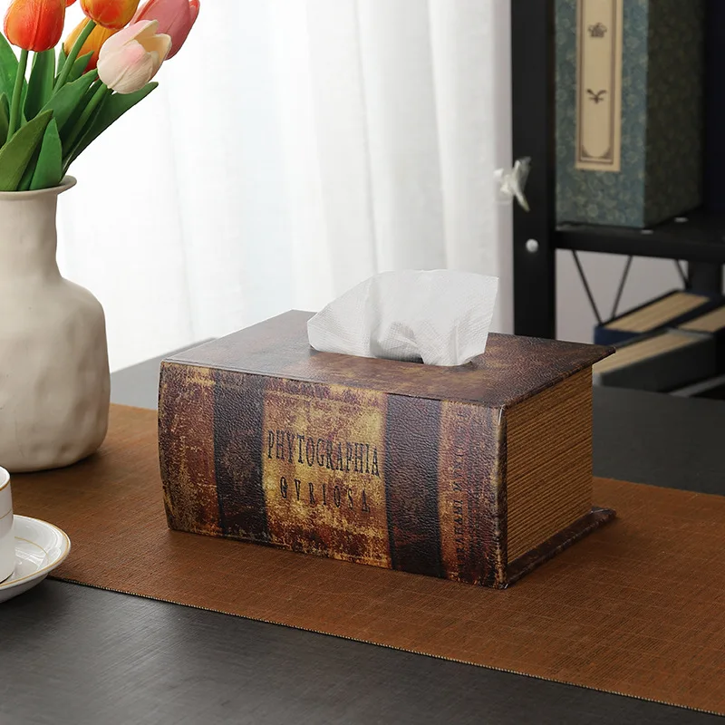 Creative American Retro Simulation Book Wooden Tissue Box Home Office Desktop PU Leather Book-shaped Tissue Box