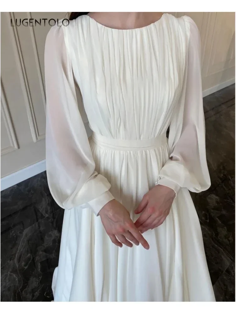 Women Princess Dress Party Elegant Big Swing Empire Autumn Female O-neck White Long Sleeve Fashion Chiffon Clothing
