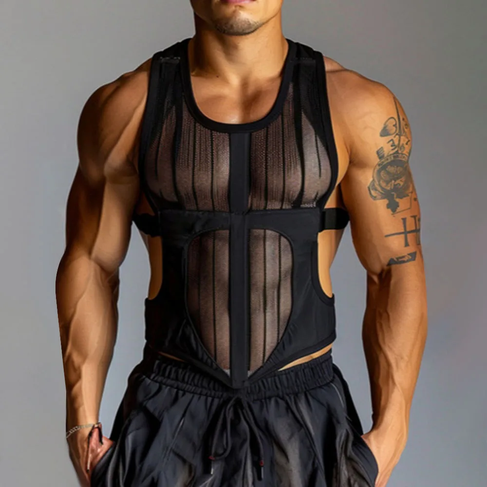 

Men's Transparent Mesh GYM Vest 2024 Summer New Sexy Perspective Mesh Sports Fitness Sleeveless Top Casual Men's Clothing