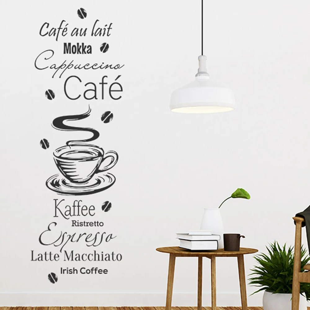 Pegatina de pared con palabras de Café irlandés, francés, alemán, Café, ventana, calcomanía, Café au lait, Mokka, capuchino, Café, Kaffee, Ristretto, Espresso