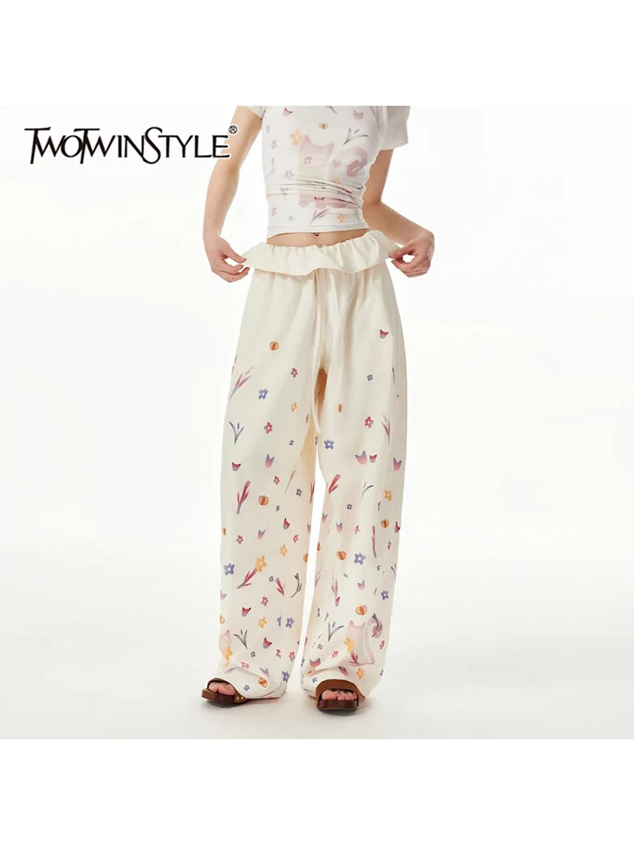 

TWOTWINSTYLE Hit Color Printing Loose Pants for Women High Waist Temperament Spliced Lace Up Pant Female Fashion