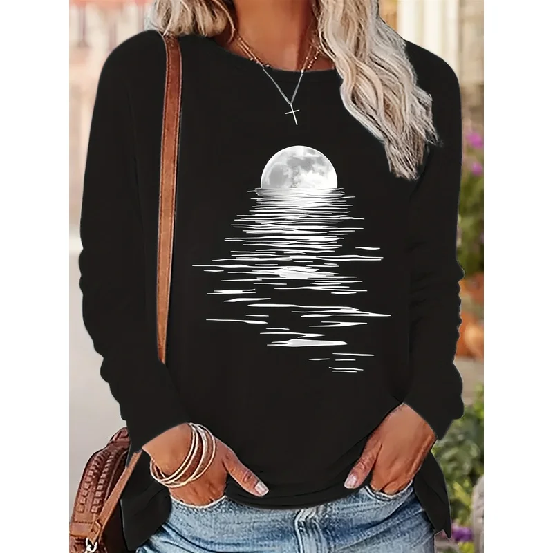 Women'S Moon And Ocean Waves Print Top – Black Casual Long Sleeve Crew Neck Shirt with White Wave And Moon Design