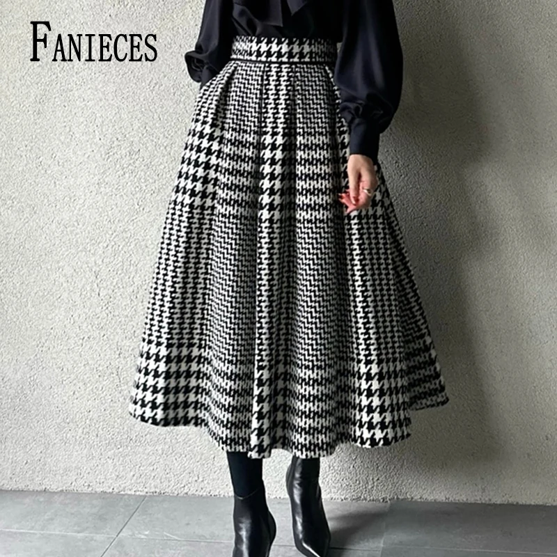 

Winter Women Warm Long Skirt Elegant Houndstooth Big Swing A-line Long Skirts Party Dress Casual Streetwear faldas para mujeres