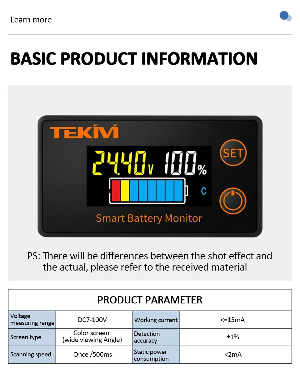 Wasserdichter LCD-Batteriekapazitätsanzeiger 8-100V Digitaler Voltmeter Batterietester für Lithium LiFePO4 Blei-Säure Motorrad Auto – Detail 4