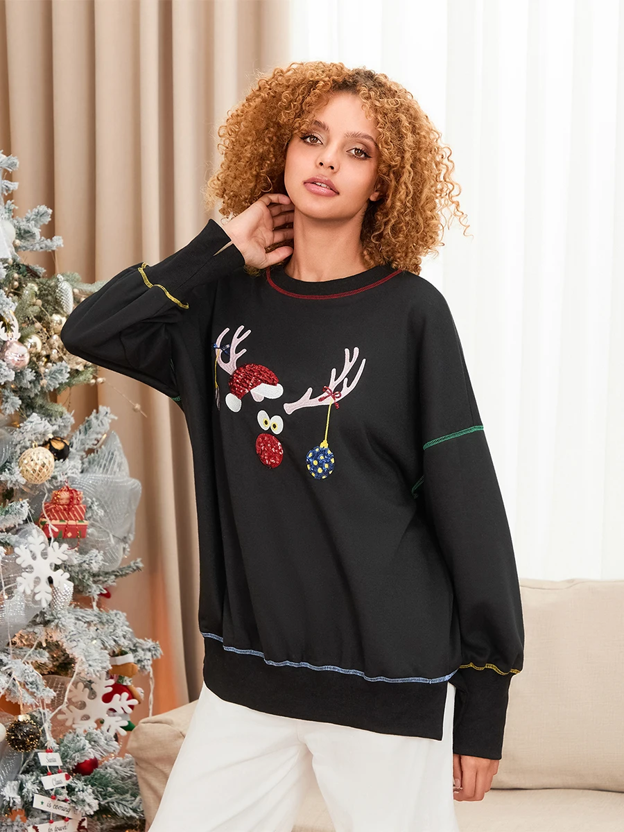 Women Oversized Christmas Sweatshirt Sequin Reindeer Crewneck Long Sleeve High Low Tops Casual Streetwear