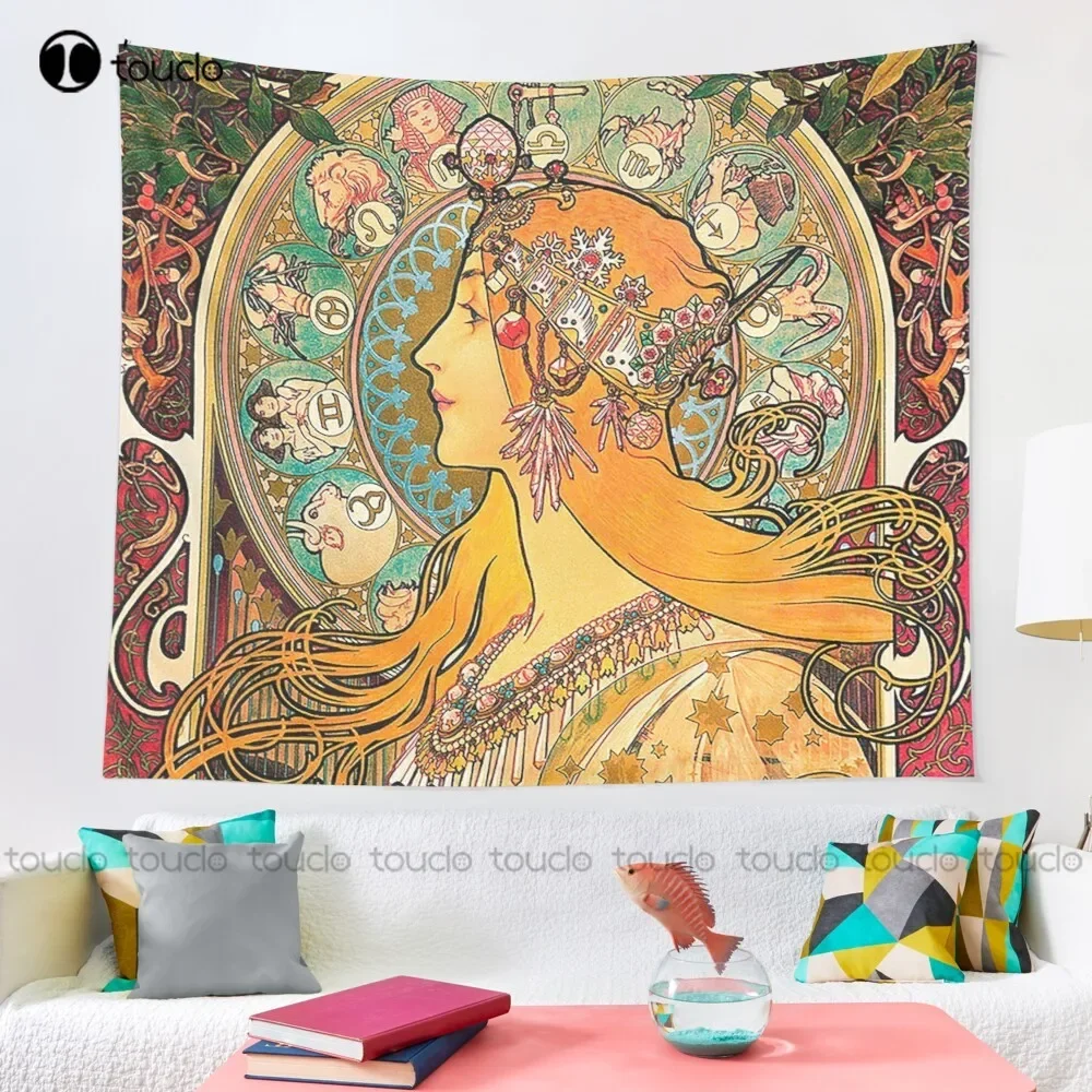 Hd. Zodiac (Second Version) By Alphonse Mucha (1896) High Definition  Tapestry Fashion Tapestry Custom Decoration Wall Hanging