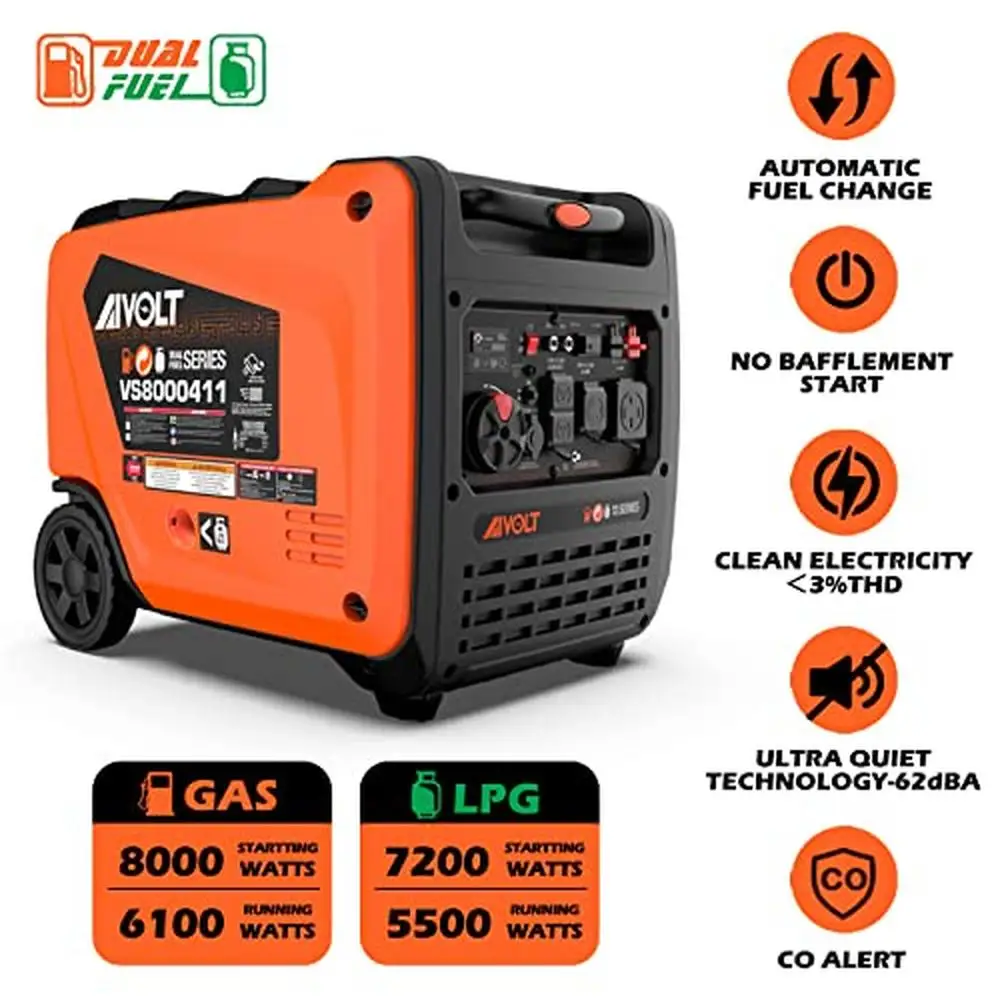 8000 Watts Dual Fuel Portable Inverter Generator Super Quiet Gas Propane Powered Electric Start Outdoor Generator Home Back Up