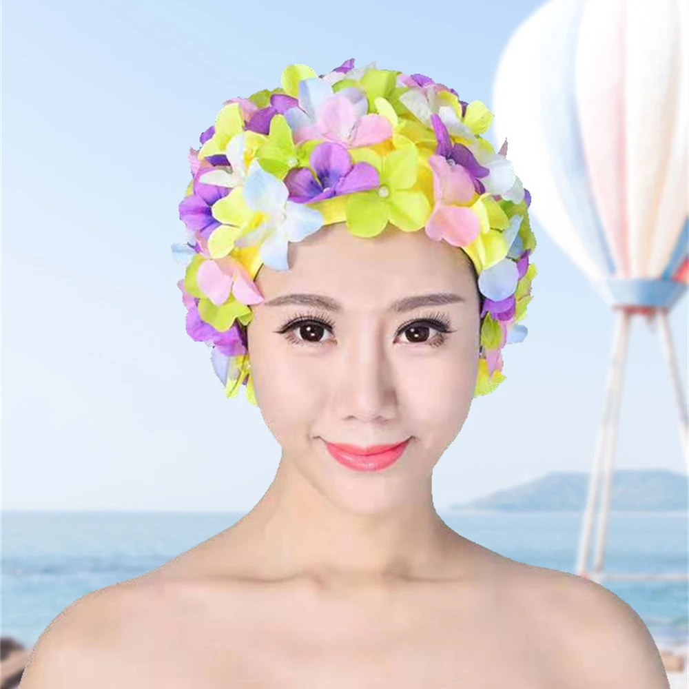 2024 Women\'s Pleated Flower Swimming Cap Free Size Soft Long Hair Breathable Shower Cap Beach Surfing Protect Ears Elastic Caps