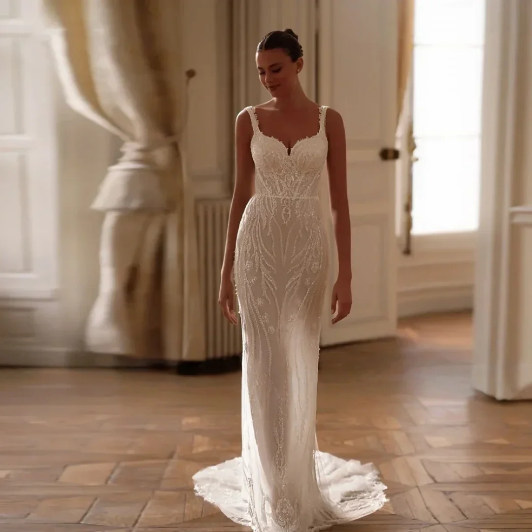 Maßgeschneiderte Meerjungfrau-Brautkleider, ärmellos, überbackene Stickerei, abnehmbare Schleppe, Brautkleid, Vestido De Novia