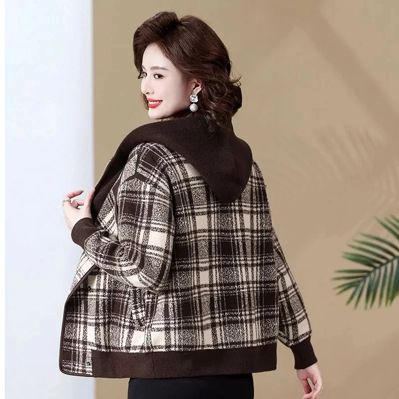 

Double-Sided Woolen Coat Women 2026 Autumn Winter New Jacket Plus Size 4XL Middle-Aged Elderly Mother Hooded Overwear Ladies Top