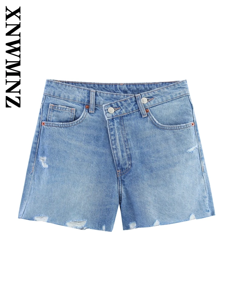 

XNWMNZ 2025 Summer New Female Casual Button Denim Short Pants High Waist Edgy Lady Bottoms Distressed Regular Fit Jeans Ruffles
