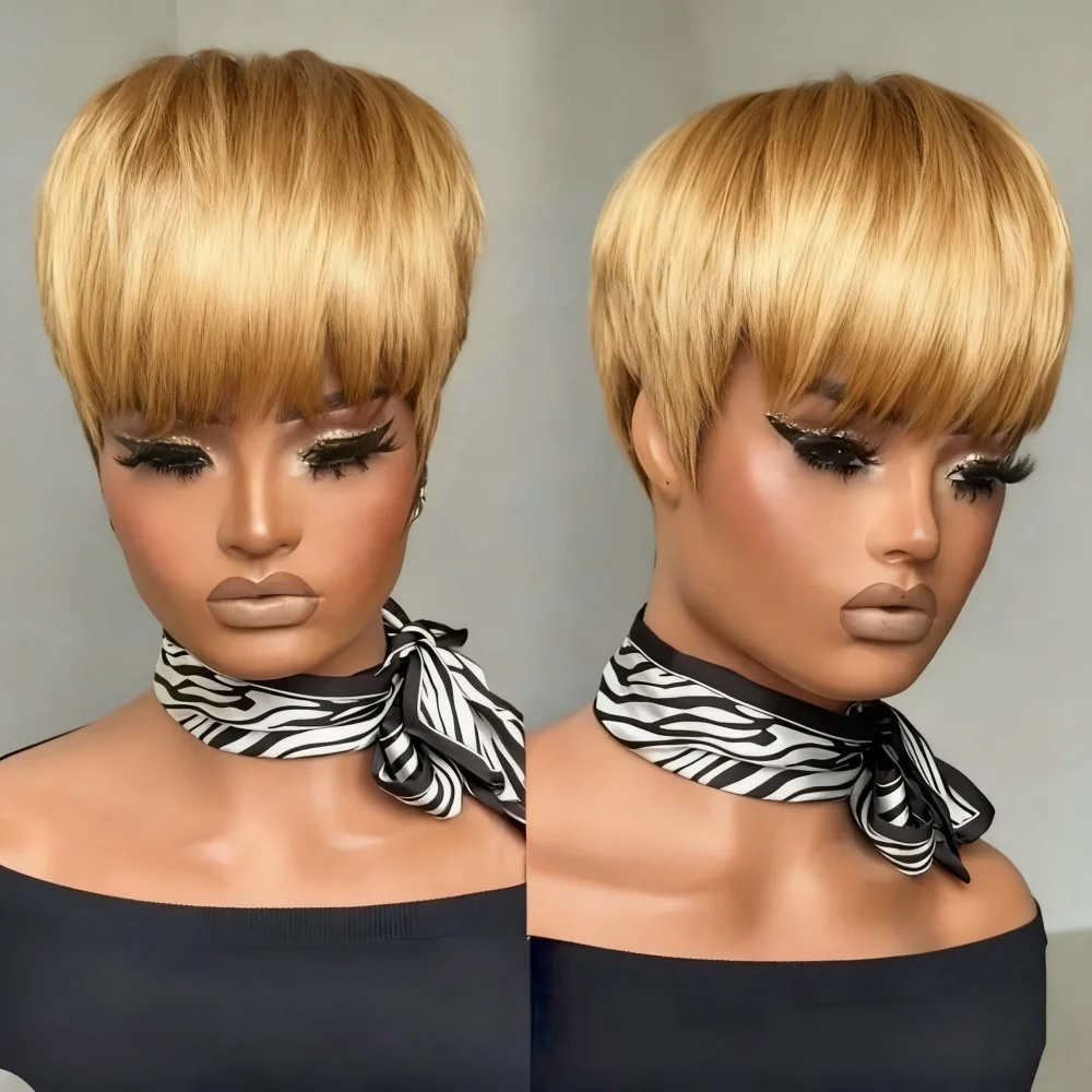 Parrucca corta con taglio pixie con frangia Parrucca per capelli lisci naturale bionda/rossa completamente realizzata a macchina