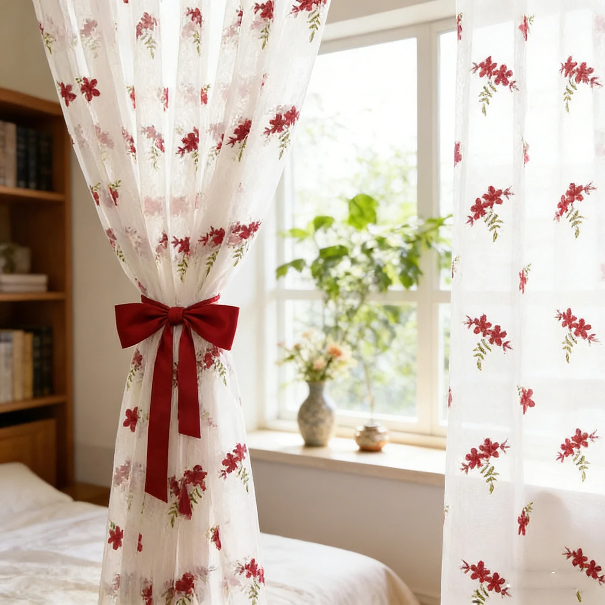 1Pc,Pastoral Floral Red Curtains White Embroidered Voile Modern Window Living Room Tulle Curtain Fabrics